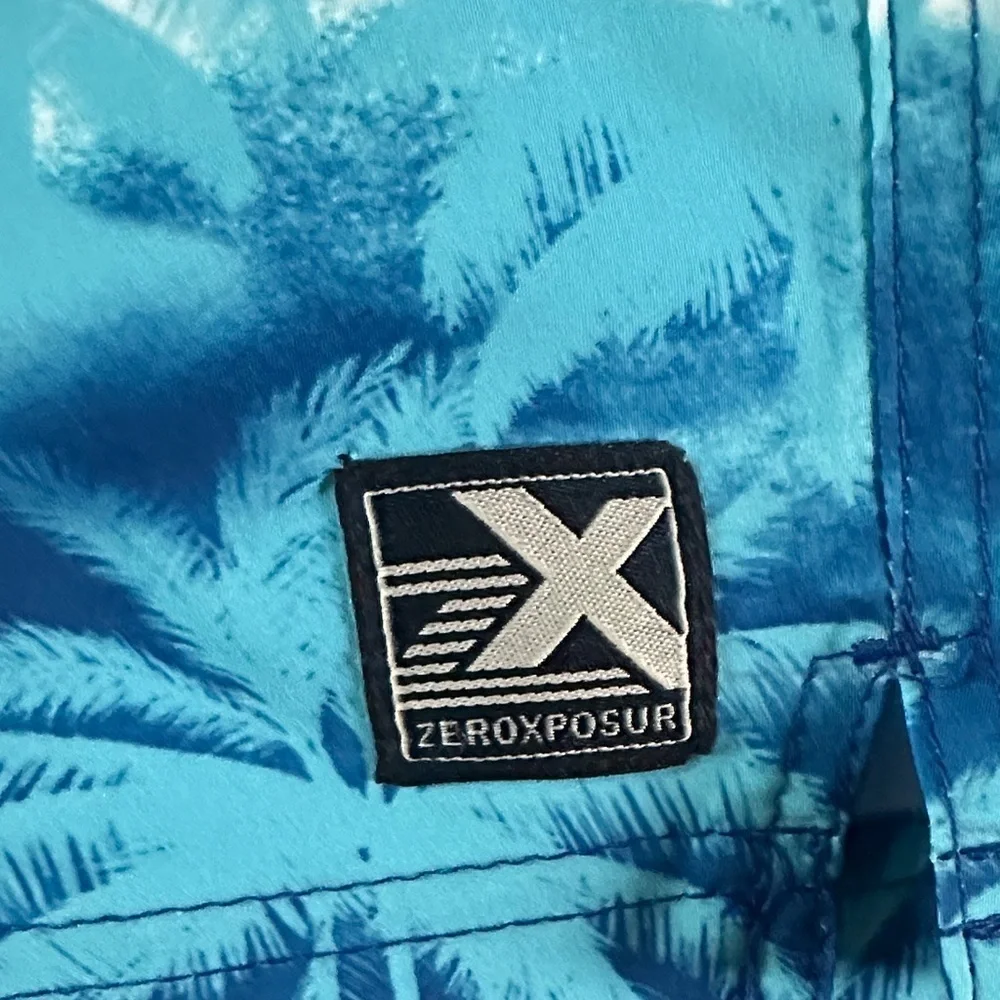ZeroXposur Blue and White Palm Tree Swim Trunks